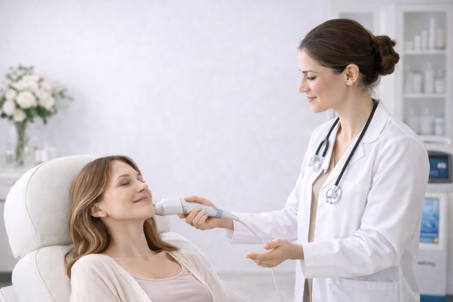 A person sitting in a consultation with a doctor, looking at a screen together with a calm and focused expression.